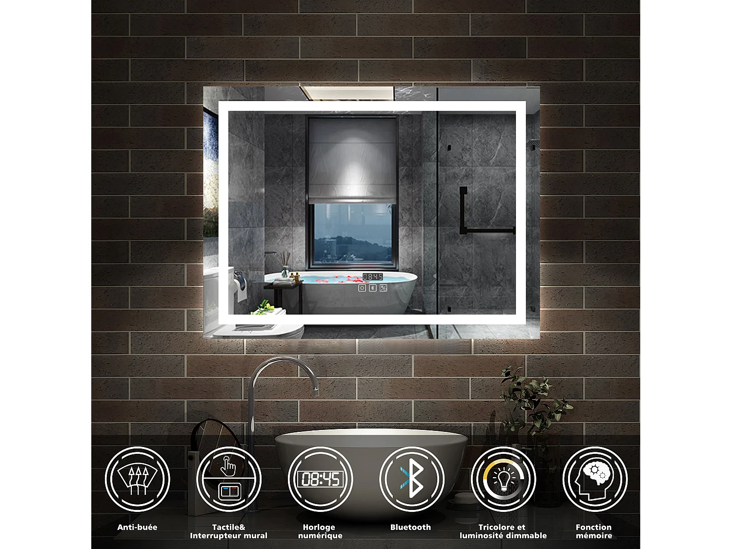 AICA Miroir de salle de bain Lumineux Bluetooth 100x60 cm, 3 Colours et Horloge et Dimmable et Anti-Buée