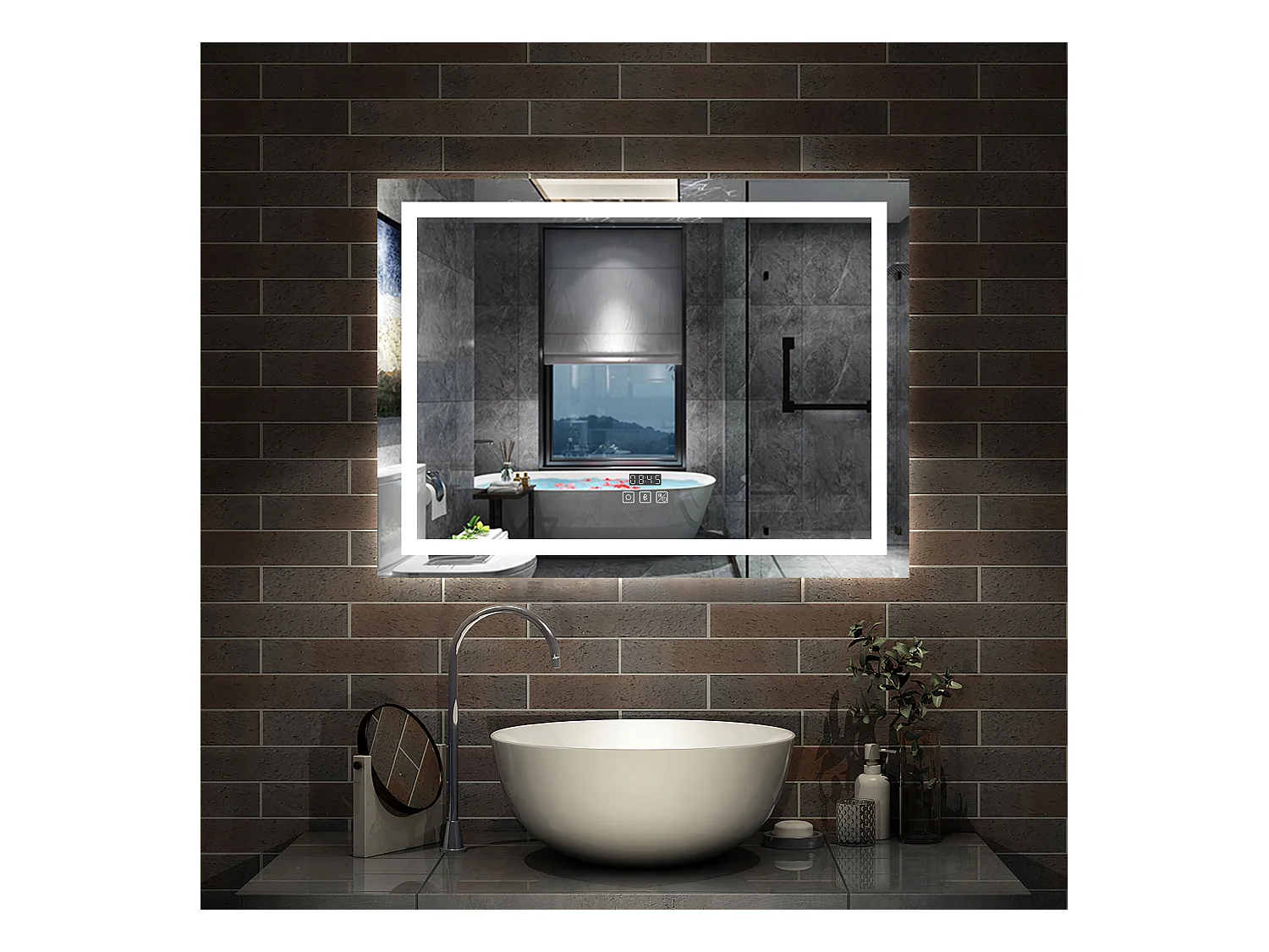 AICA Miroir de salle de bain Lumineux Bluetooth 100x60 cm, 3 Colours et Horloge et Dimmable et Anti-Buée