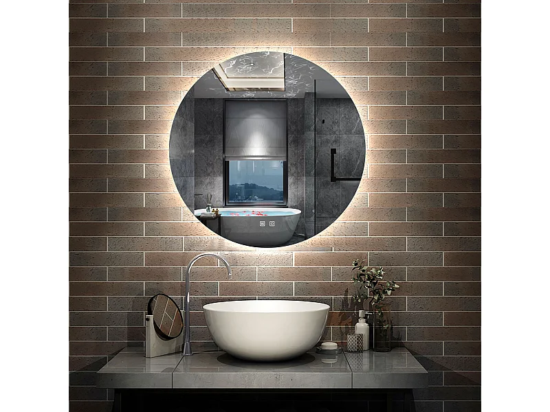 AICA Miroir de salle de bain Lumineux Rond rétro-éclairé 90cm, 3 Colours et Anti-Buée et Mémoire et Dimmable
