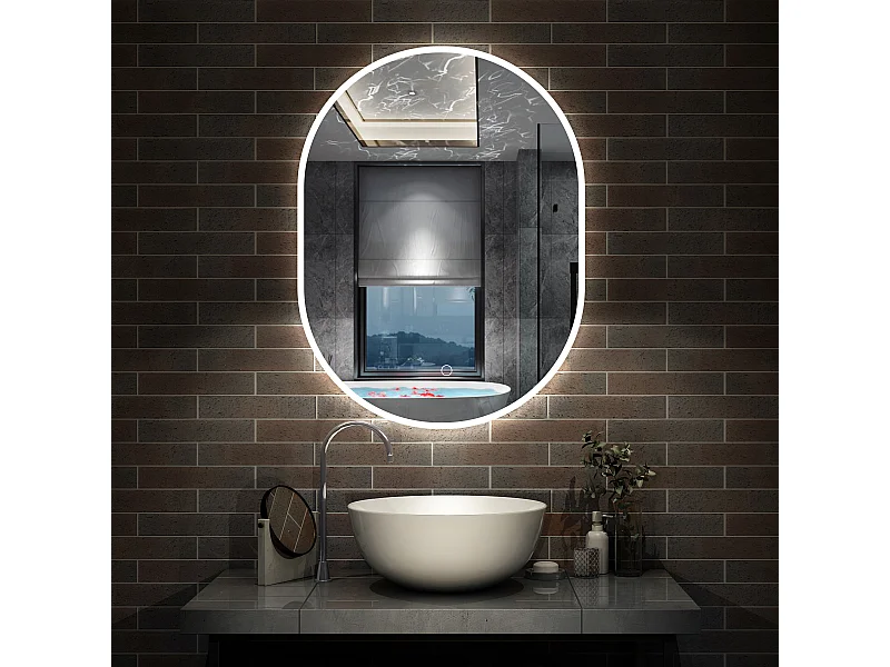 AICA Miroir salle de bain Ovale Lumineux 50x90cm 3 Colours et Dimmable et Mémoire et Anti-Buée, IP44 HD Verre Miroir-Mural