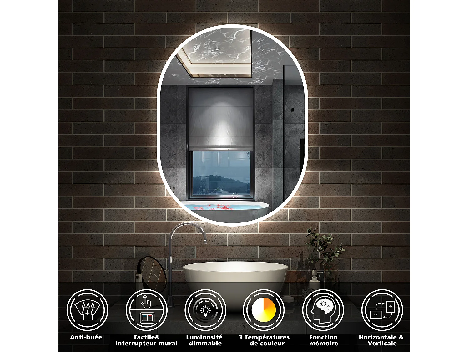 AICA Miroir salle de bain Ovale Lumineux 50x90cm 3 Colours et Dimmable et Mémoire et Anti-Buée, IP44 HD Verre Miroir-Mural