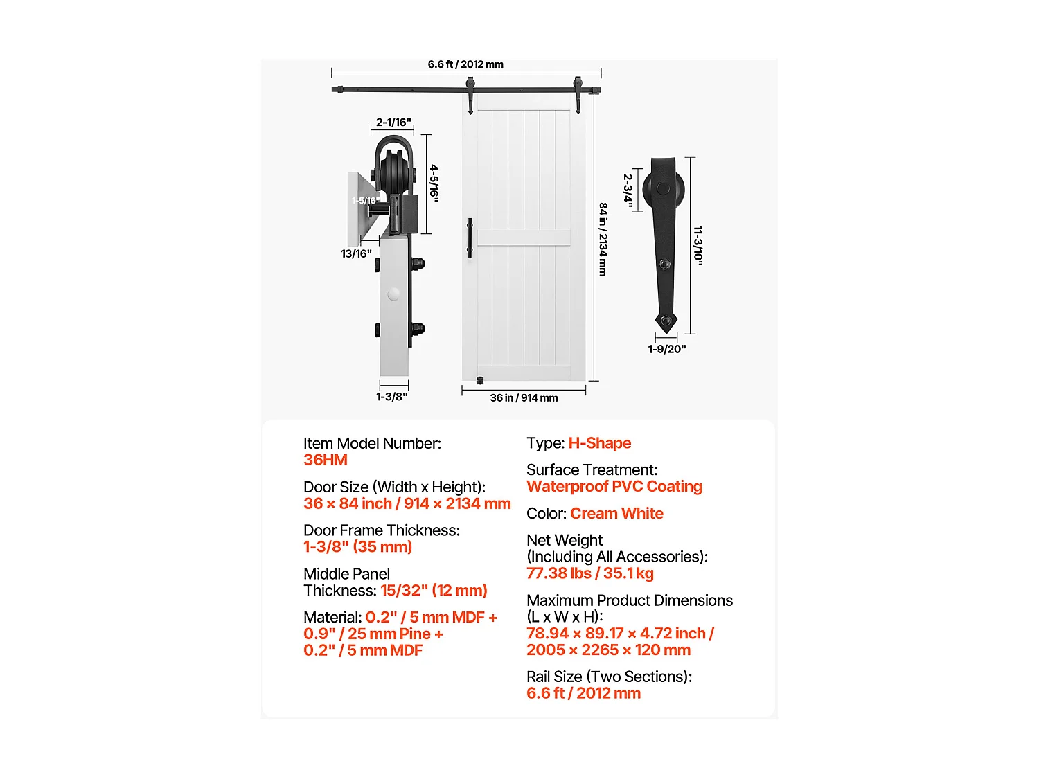 Porte de Grange Coulissante SucceBuy, 91.4 x 213.4 cm, Panneau MDF, Kit de Porte Coulissante avec Kit Quincaillerie, Surface en PVC Imperméable