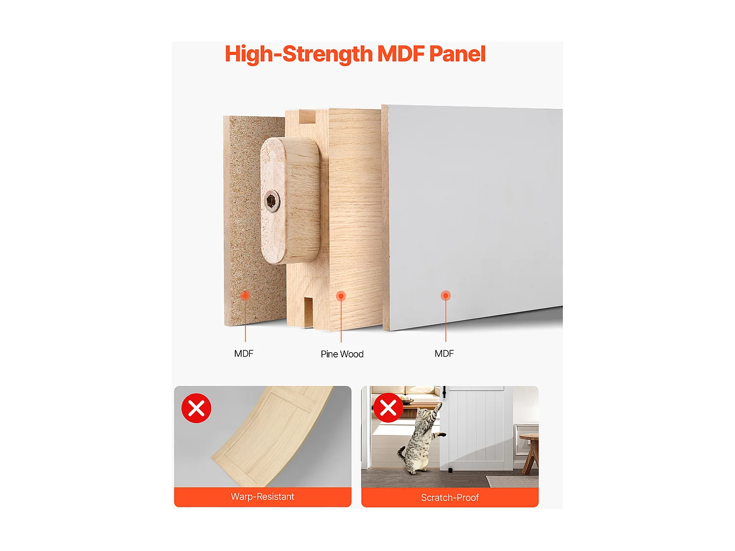 Porte de Grange Coulissante SucceBuy, 91.4 x 213.4 cm, Panneau MDF, Kit de Porte Coulissante avec Kit Quincaillerie, Surface en PVC Imperméable