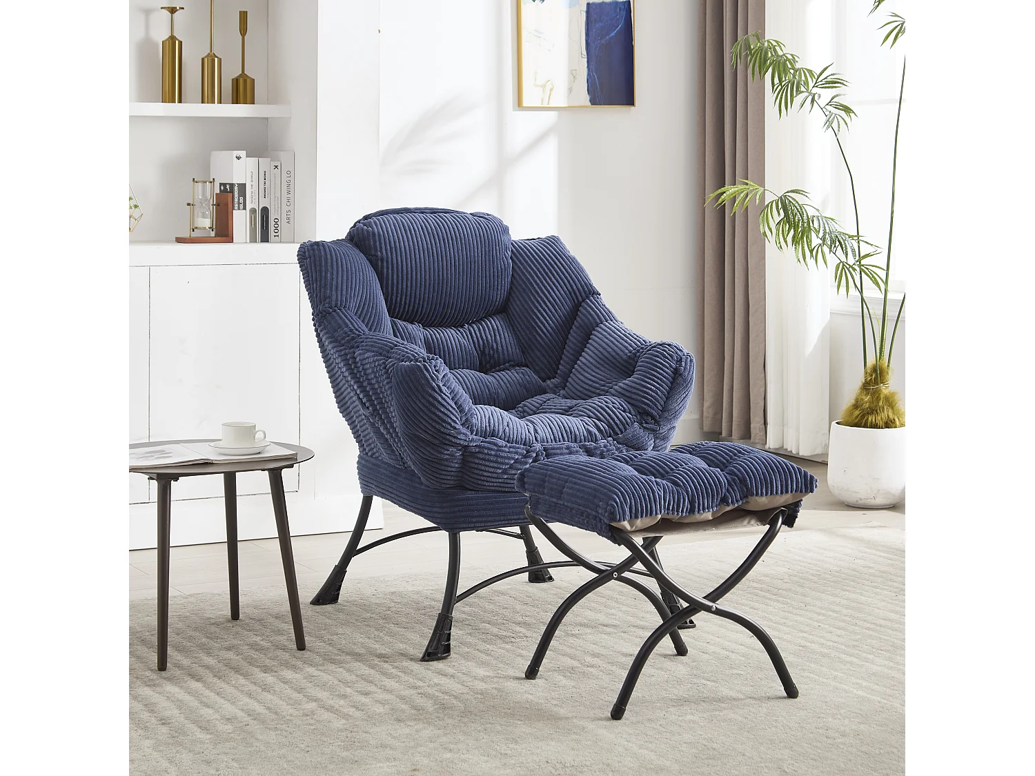 Canapé chaise avec accoudoirs poches latérales repose - pieds bleu marine