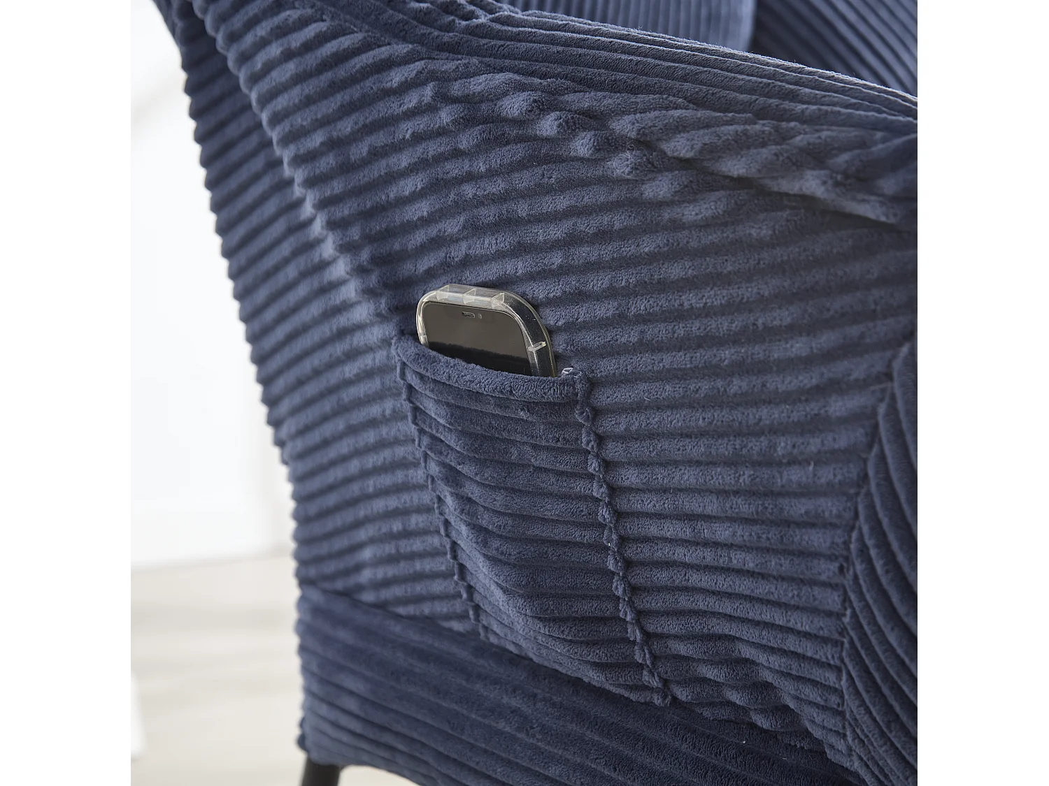 Canapé chaise avec accoudoirs poches latérales repose - pieds bleu marine