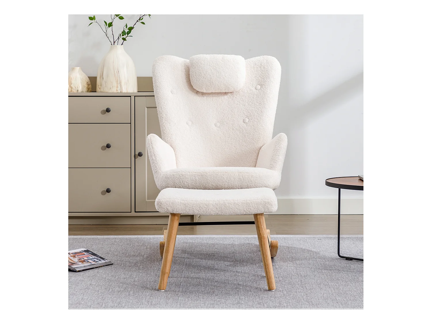 Sillón mecedora cómodo, oso de peluche, con reposacabezas y reposapiés, blanco