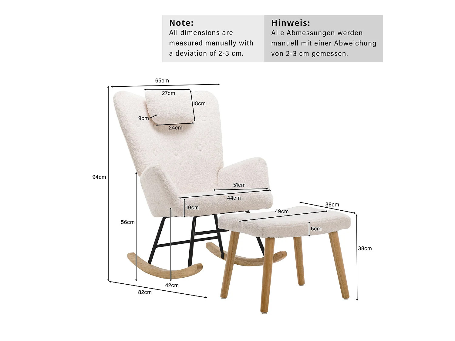 Sillón mecedora cómodo, oso de peluche, con reposacabezas y reposapiés, blanco