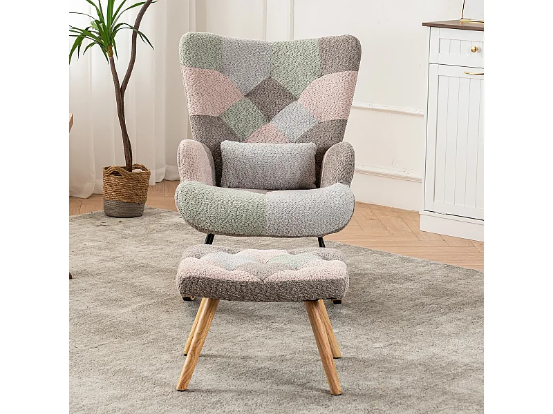 Fauteuil à bascule coloré, avec un repose-pieds et un coussin lombaire, bois d'hévéa, multicolore