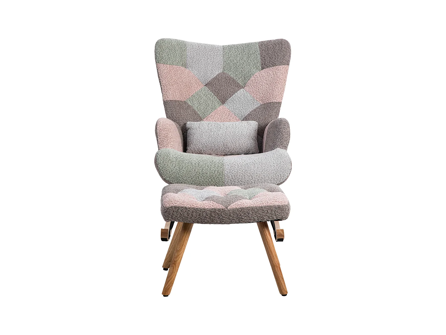 Fauteuil à bascule coloré, avec un repose-pieds et un coussin lombaire, bois d'hévéa, multicolore