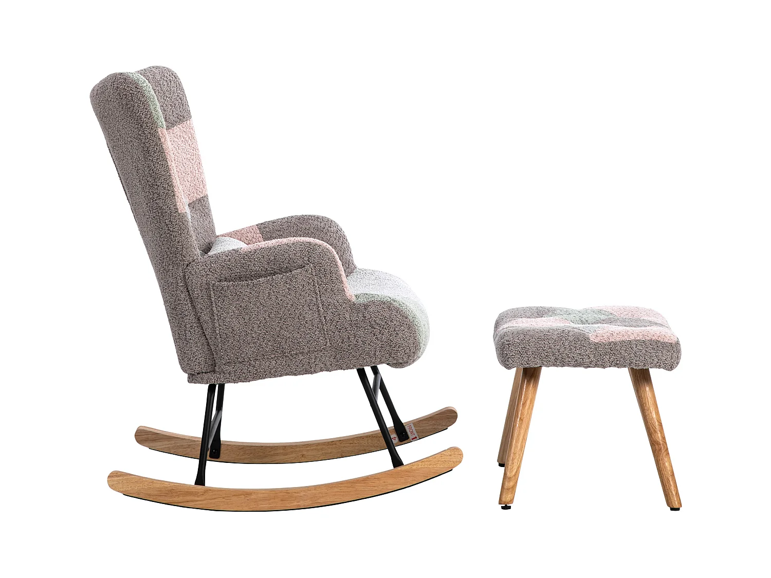 Fauteuil à bascule coloré, avec un repose-pieds et un coussin lombaire, bois d'hévéa, multicolore