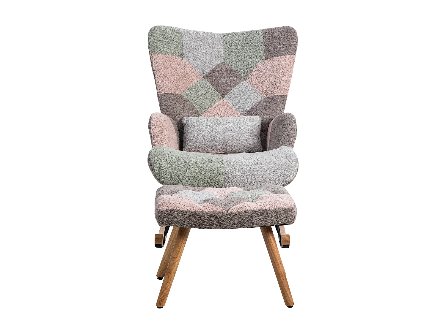 Kleurrijke schommelstoel, met voetensteun en lendenkussen, rubberhout, veelkleurig