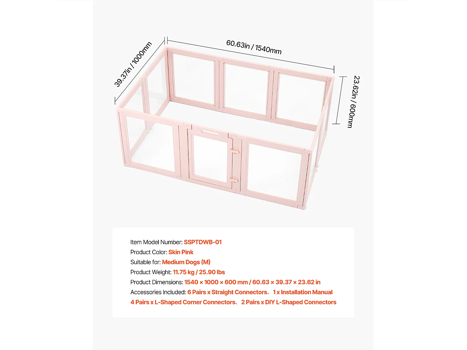 Parc de Mise Bas pour Chien SucceBuy , 154 x 100 x 60 cm, Caisse de Mise Bas pour Chiots, avec Fenêtres Transparentes et Serrure, Cadre Rose Clair