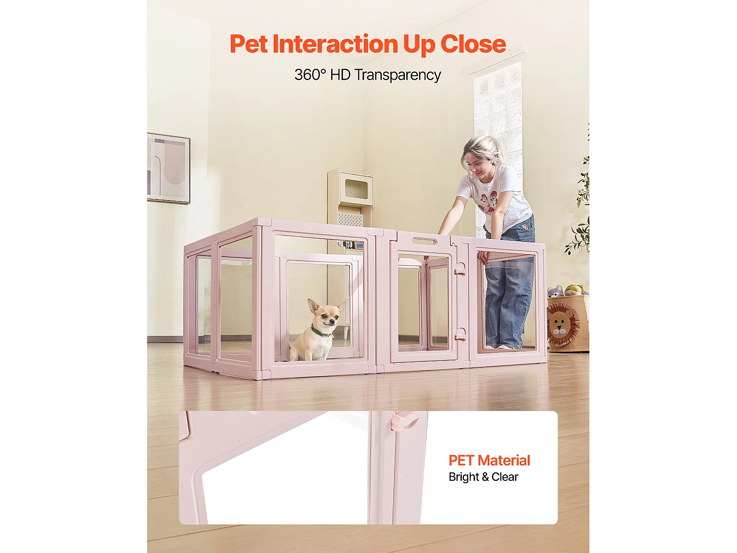 Parc de Mise Bas pour Chien SucceBuy , 154 x 100 x 60 cm, Caisse de Mise Bas pour Chiots, avec Fenêtres Transparentes et Serrure, Cadre Rose Clair