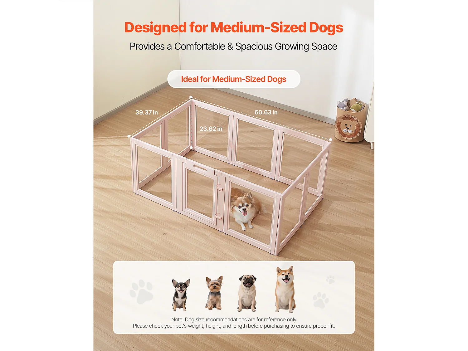 Parc de Mise Bas pour Chien SucceBuy , 154 x 100 x 60 cm, Caisse de Mise Bas pour Chiots, avec Fenêtres Transparentes et Serrure, Cadre Rose Clair