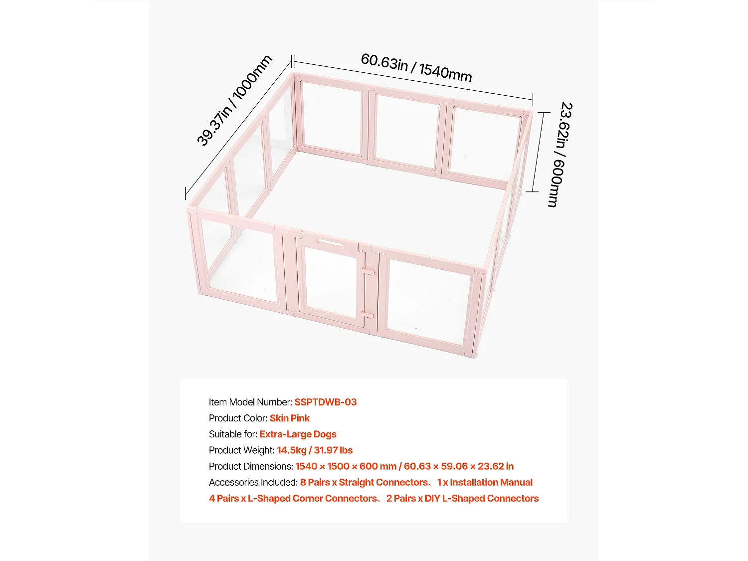 Worpbox SucceBuy voor Hond, 154 x 150 x 60 cm, Werpkist voor Puppy's, met Transparante Ramen en Slot, Lichtroze Frame