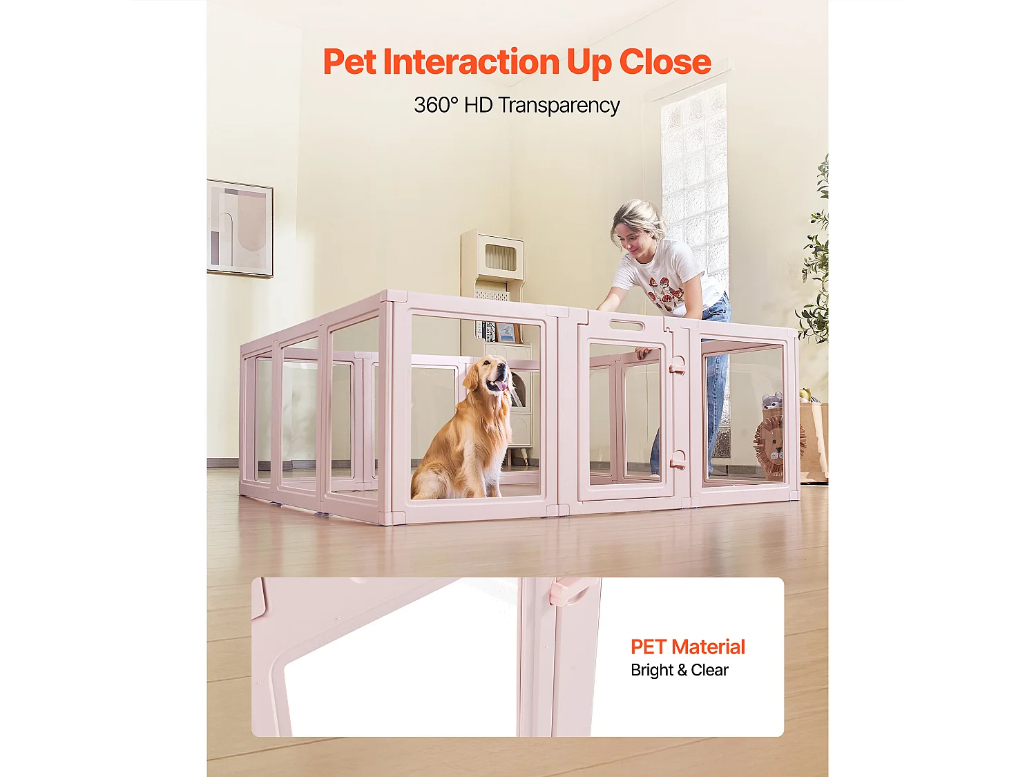 Worpbox SucceBuy voor Hond, 154 x 150 x 60 cm, Werpkist voor Puppy's, met Transparante Ramen en Slot, Lichtroze Frame