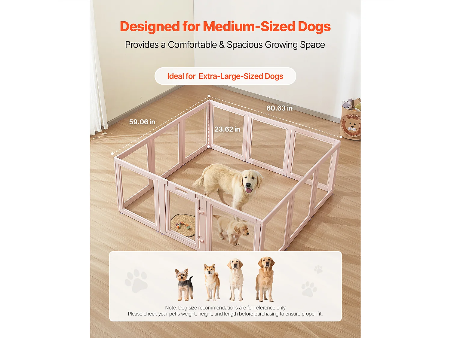 Worpbox SucceBuy voor Hond, 154 x 150 x 60 cm, Werpkist voor Puppy's, met Transparante Ramen en Slot, Lichtroze Frame