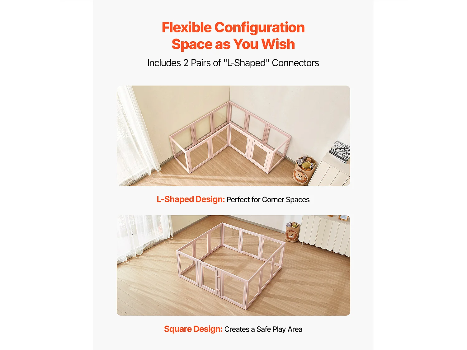 Worpbox SucceBuy voor Hond, 154 x 150 x 60 cm, Werpkist voor Puppy's, met Transparante Ramen en Slot, Lichtroze Frame