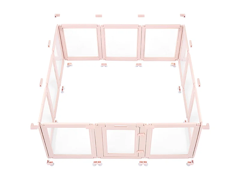 Worpbox SucceBuy voor Hond, 154 x 150 x 60 cm, Werpkist voor Puppy's, met Transparante Ramen en Slot, Lichtroze Frame