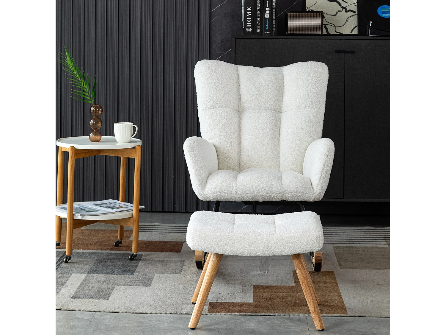 Sillón mecedora con reposapiés, estructura robusta de madera de caucho, Teddy, blanco