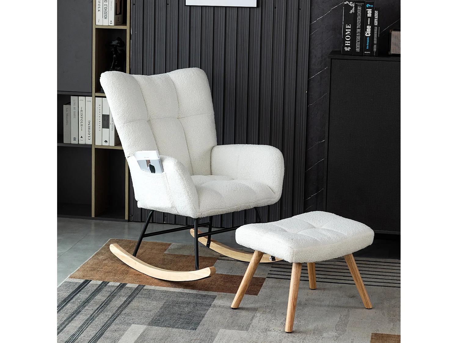 Sillón mecedora con reposapiés, estructura robusta de madera de caucho, Teddy, blanco