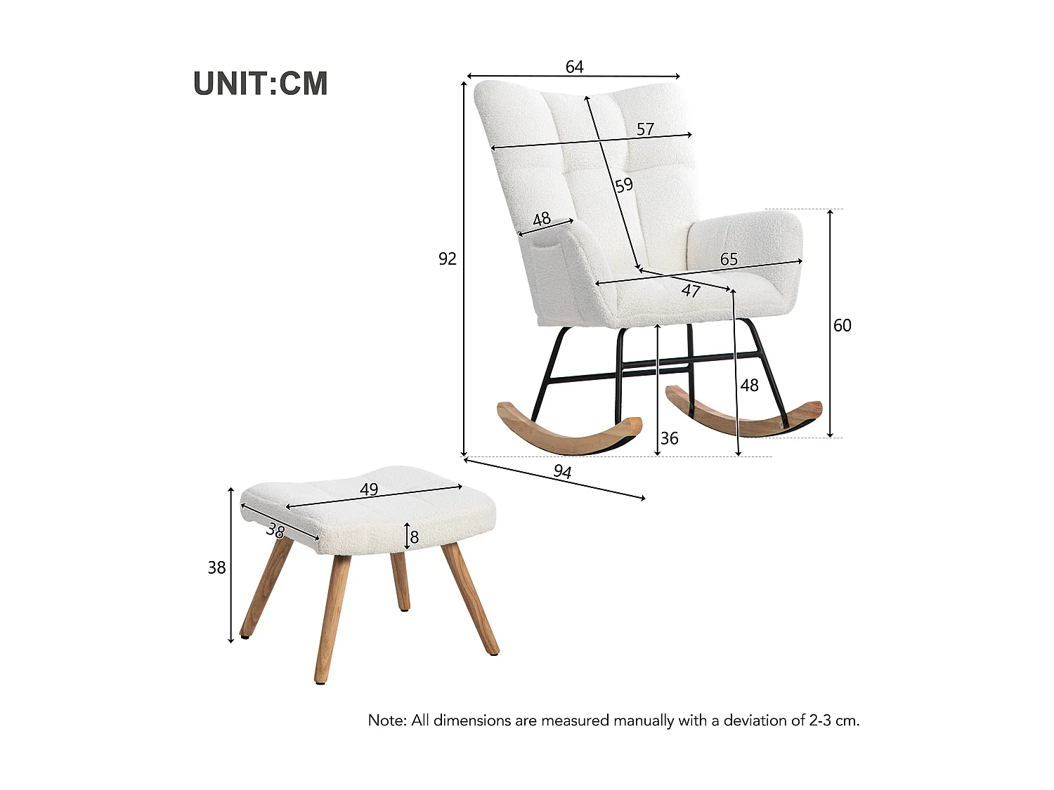 Sillón mecedora con reposapiés, estructura robusta de madera de caucho, Teddy, blanco