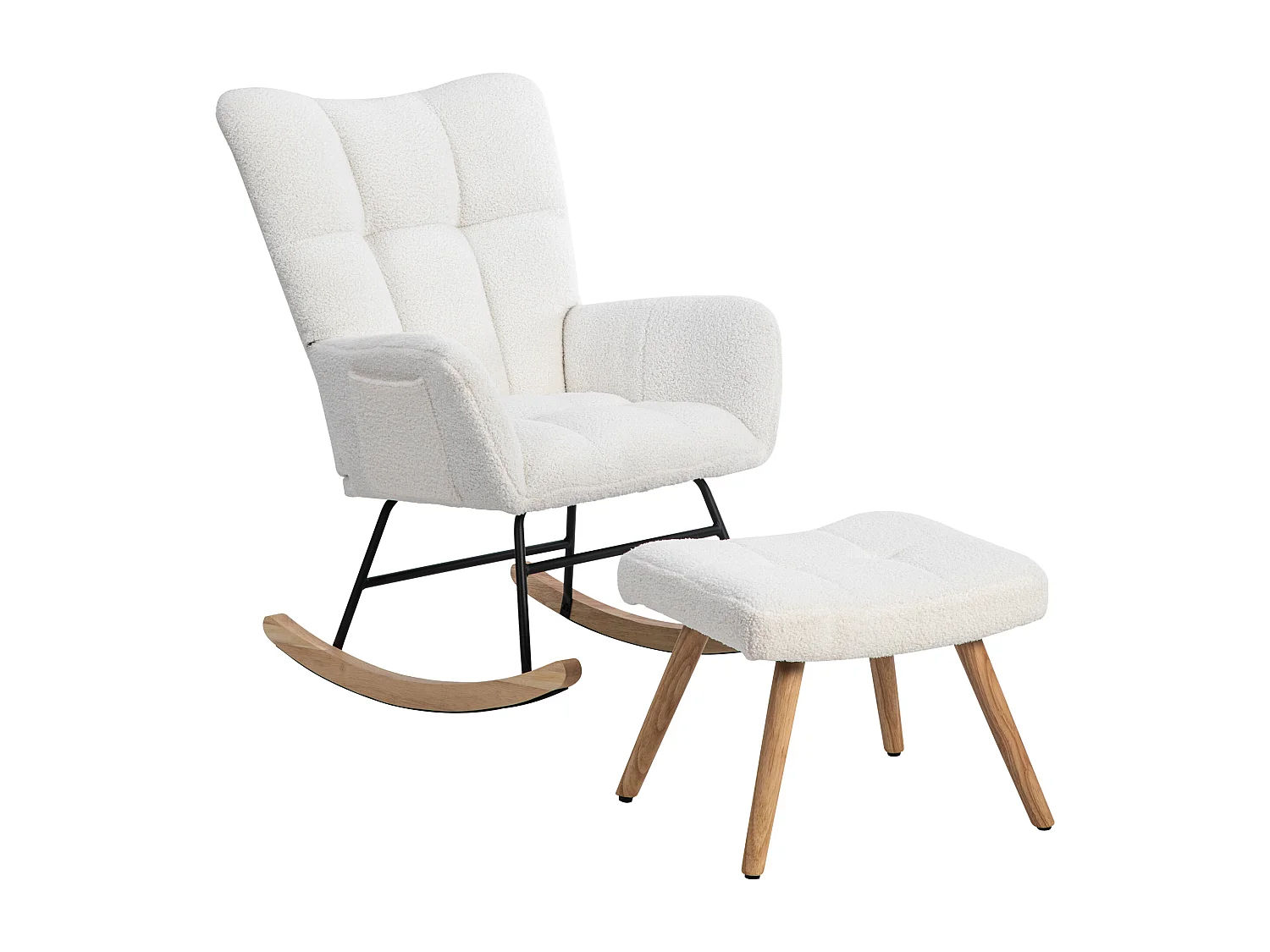 Sillón mecedora con reposapiés, estructura robusta de madera de caucho, Teddy, blanco