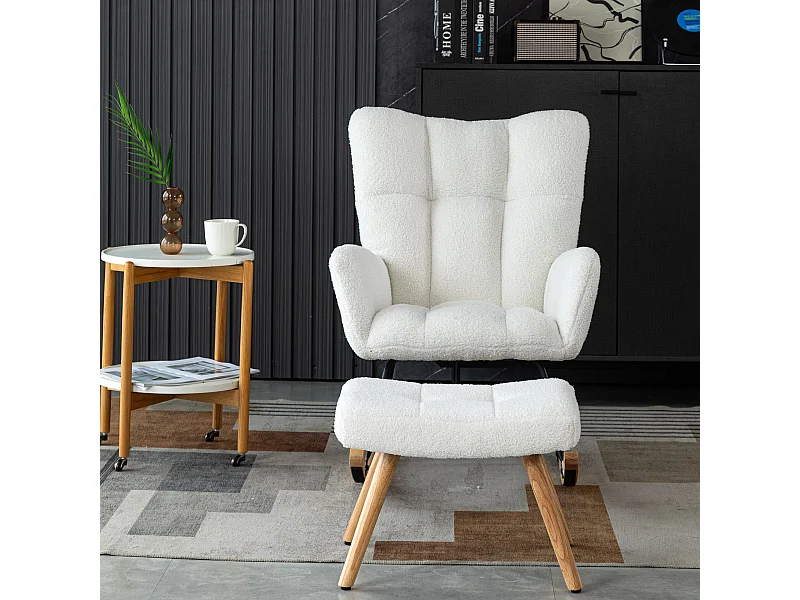 Fauteuil à bascule avec repose-pieds, structure robuste en bois d'hévéa, Teddy, blanc
