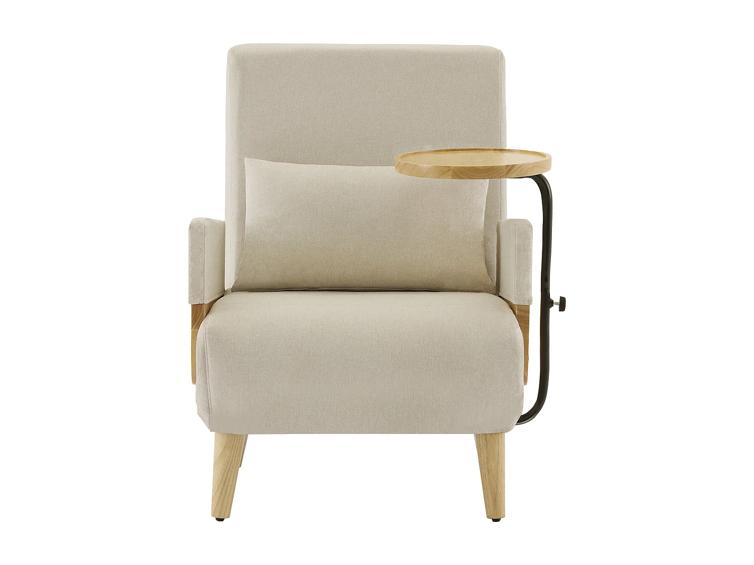 Poltrona conversível três em um com função de cama, equipada com bandeja de madeira, bege