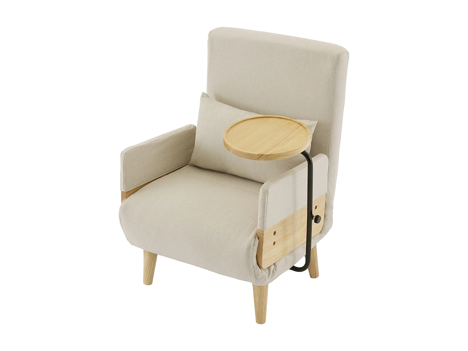 Poltrona conversível três em um com função de cama, equipada com bandeja de madeira, bege