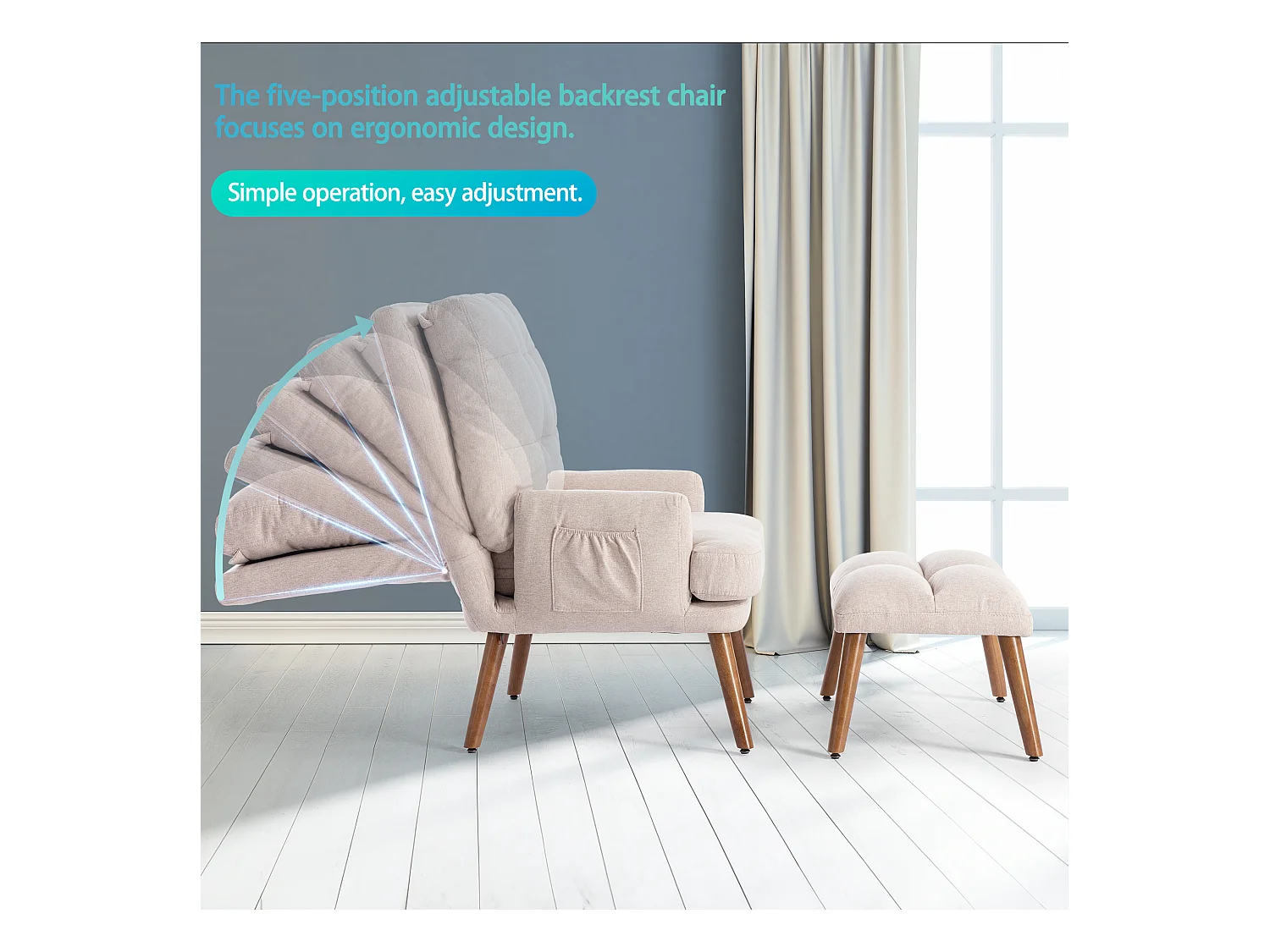 Sillón con reposapiés, respaldo ajustable en cinco posiciones, función reclinable, beige