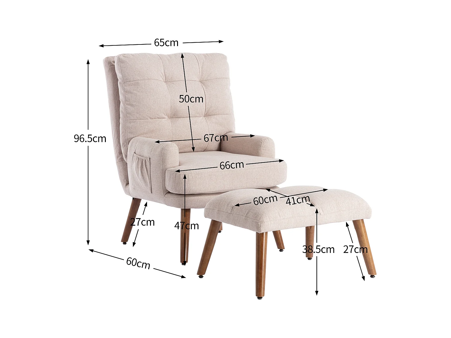Fauteuil avec repose-pieds, dossier réglable en cinq positions, fonction inclinable,beige