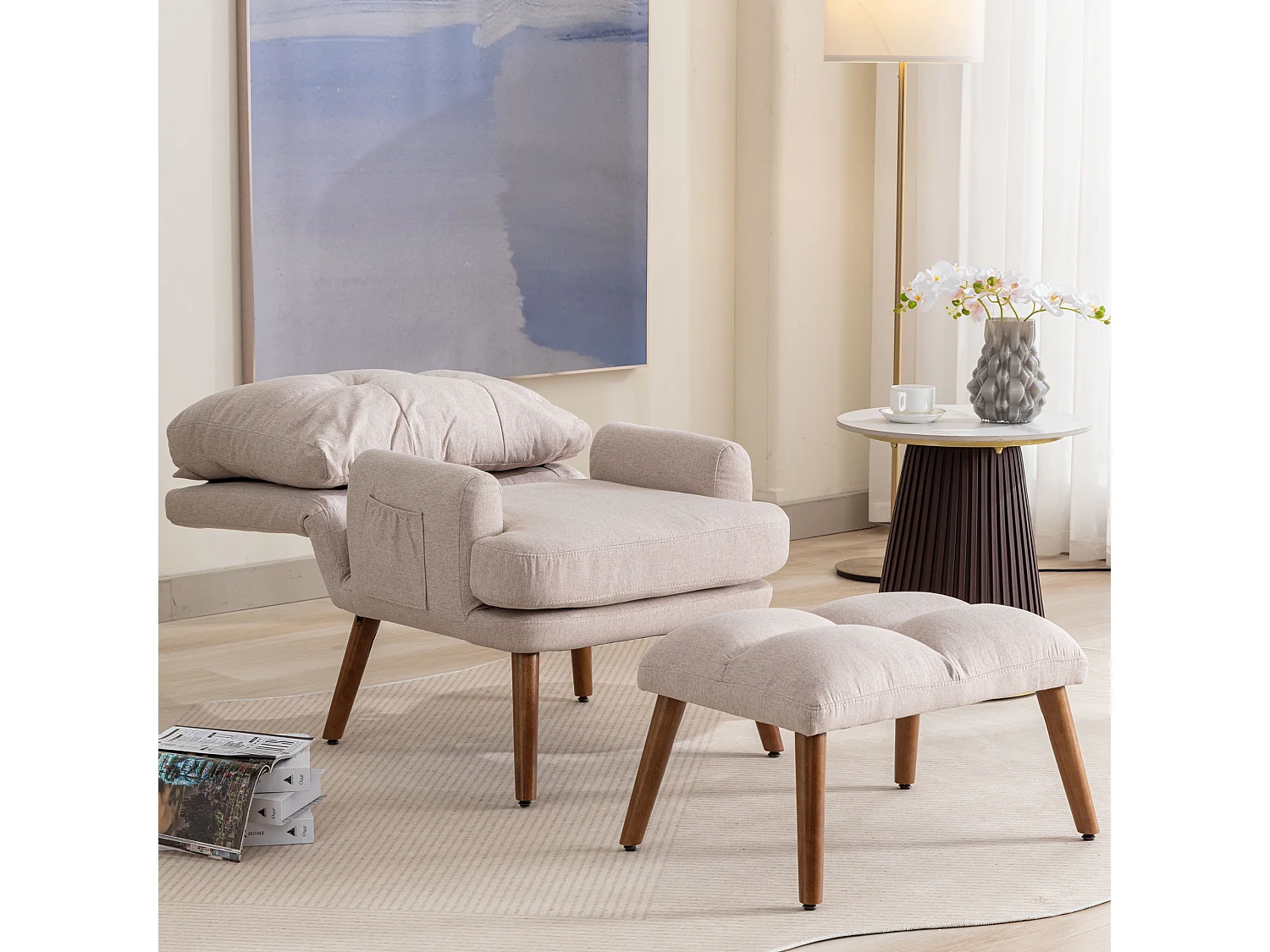 Fauteuil avec repose-pieds, dossier réglable en cinq positions, fonction inclinable,beige