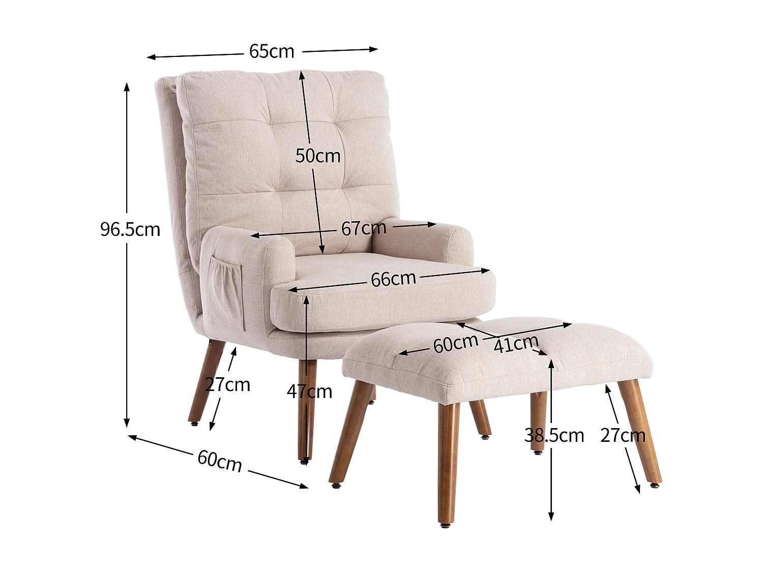Fauteuil avec repose-pieds, dossier réglable en cinq positions, fonction inclinable,beige