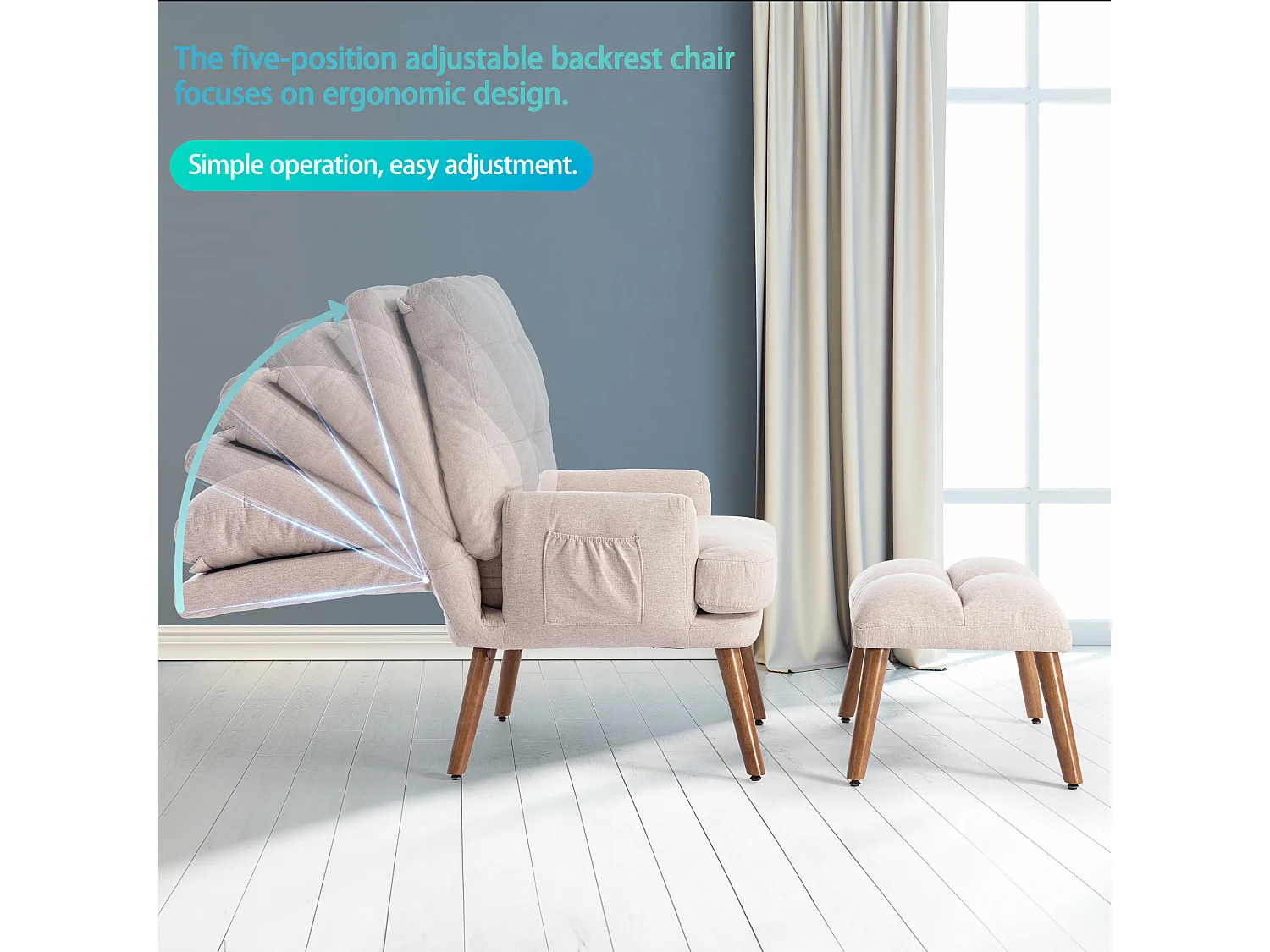 Fauteuil avec repose-pieds, dossier réglable en cinq positions, fonction inclinable,beige
