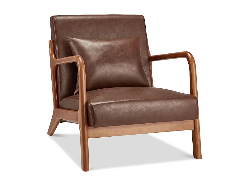 YODOLLA Loungesessel modern mit Kunstleder Bezug & Holzarmlehne, Akzent-/Cocktailsessel für Wohnzimmer, Braun, 75x70x65 cm (BxHxT)