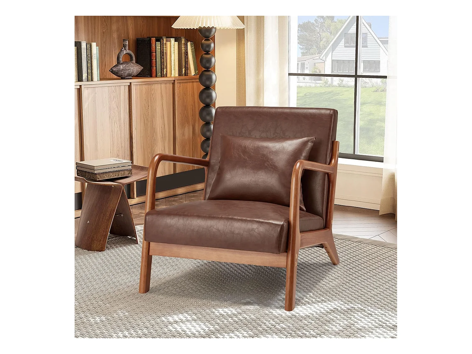 YODOLLA Loungesessel modern mit Kunstleder Bezug & Holzarmlehne, Akzent-/Cocktailsessel für Wohnzimmer, Braun, 75x70x65 cm (BxHxT)