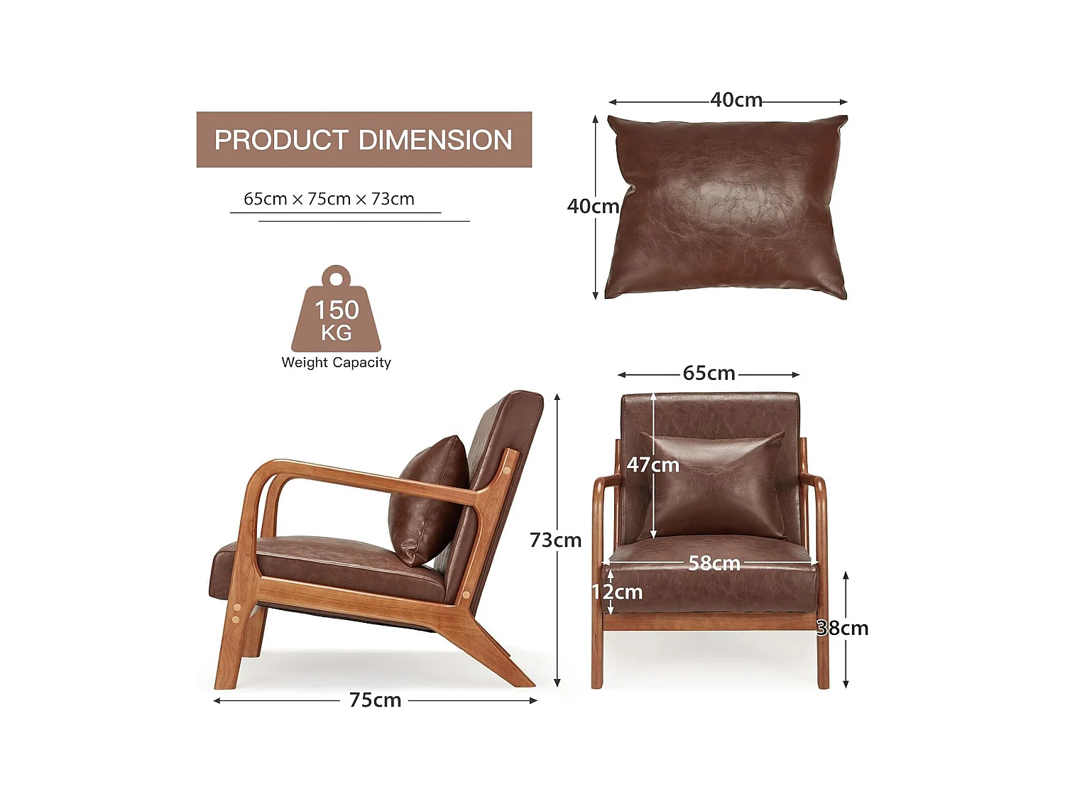 YODOLLA Loungesessel modern mit Kunstleder Bezug & Holzarmlehne, Akzent-/Cocktailsessel für Wohnzimmer, Braun, 75x70x65 cm (BxHxT)