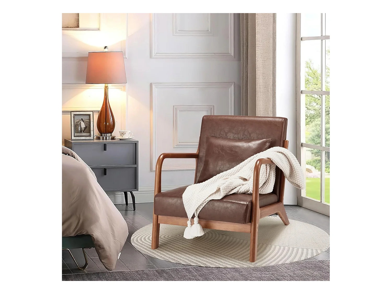 YODOLLA Loungesessel modern mit Kunstleder Bezug & Holzarmlehne, Akzent-/Cocktailsessel für Wohnzimmer, Braun, 75x70x65 cm (BxHxT)