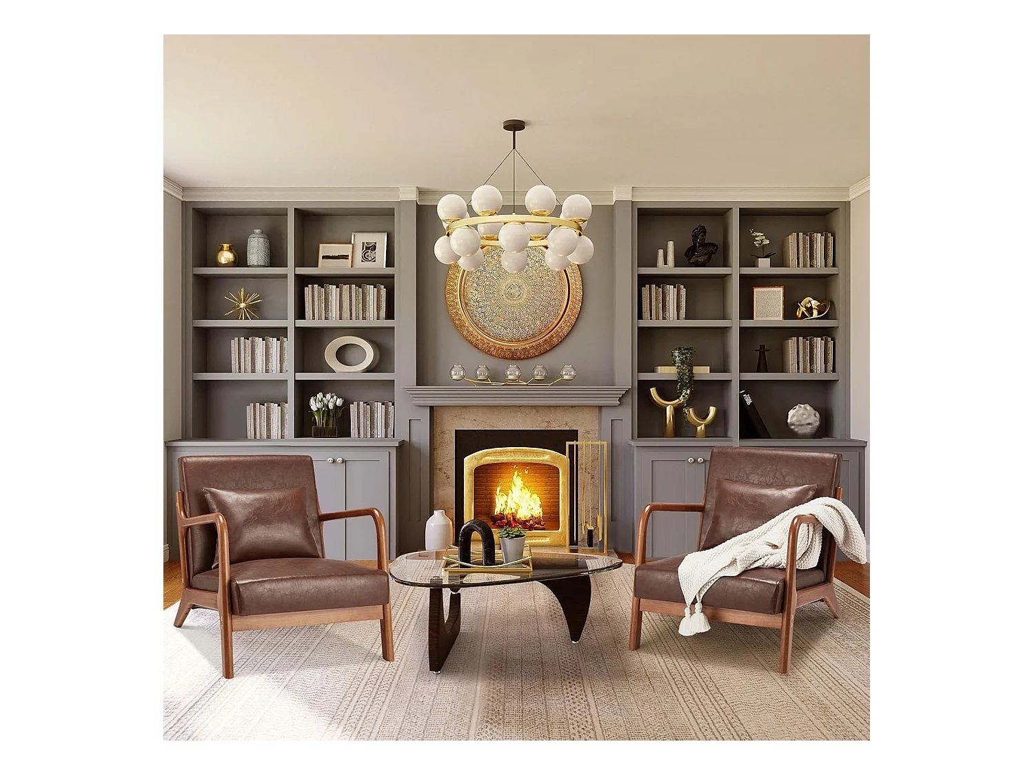 YODOLLA Loungesessel modern mit Kunstleder Bezug & Holzarmlehne, Akzent-/Cocktailsessel für Wohnzimmer, Braun, 75x70x65 cm (BxHxT)