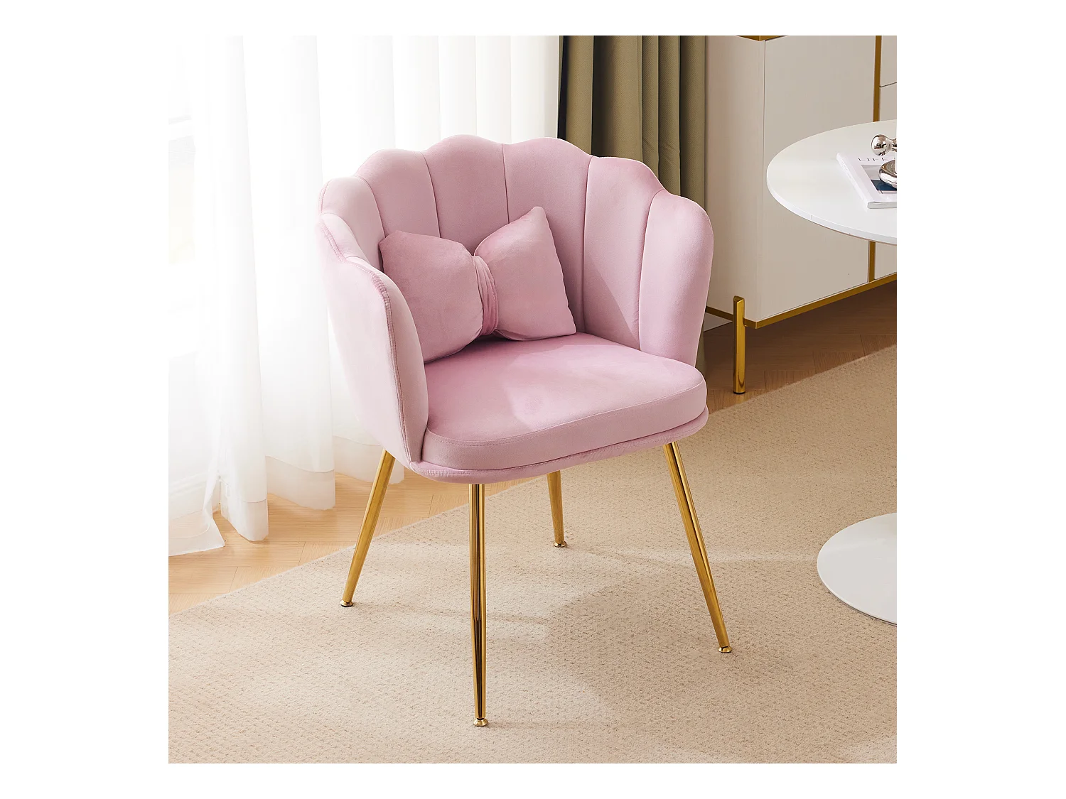 Fauteuil avec dossier en forme de pétales, coussins en forme de papillon,velours, ROSE