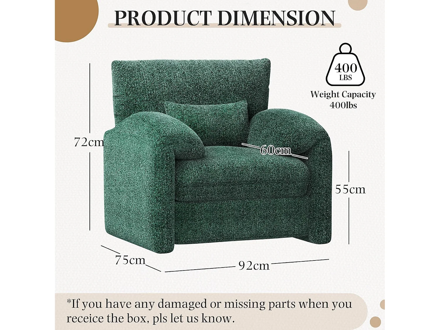 YODOLLA XXL Ohrensessel mit Armlehnen aus Chenille, moderner Relaxsessel für Wohnzimmer & Schlafzimmer, Grün