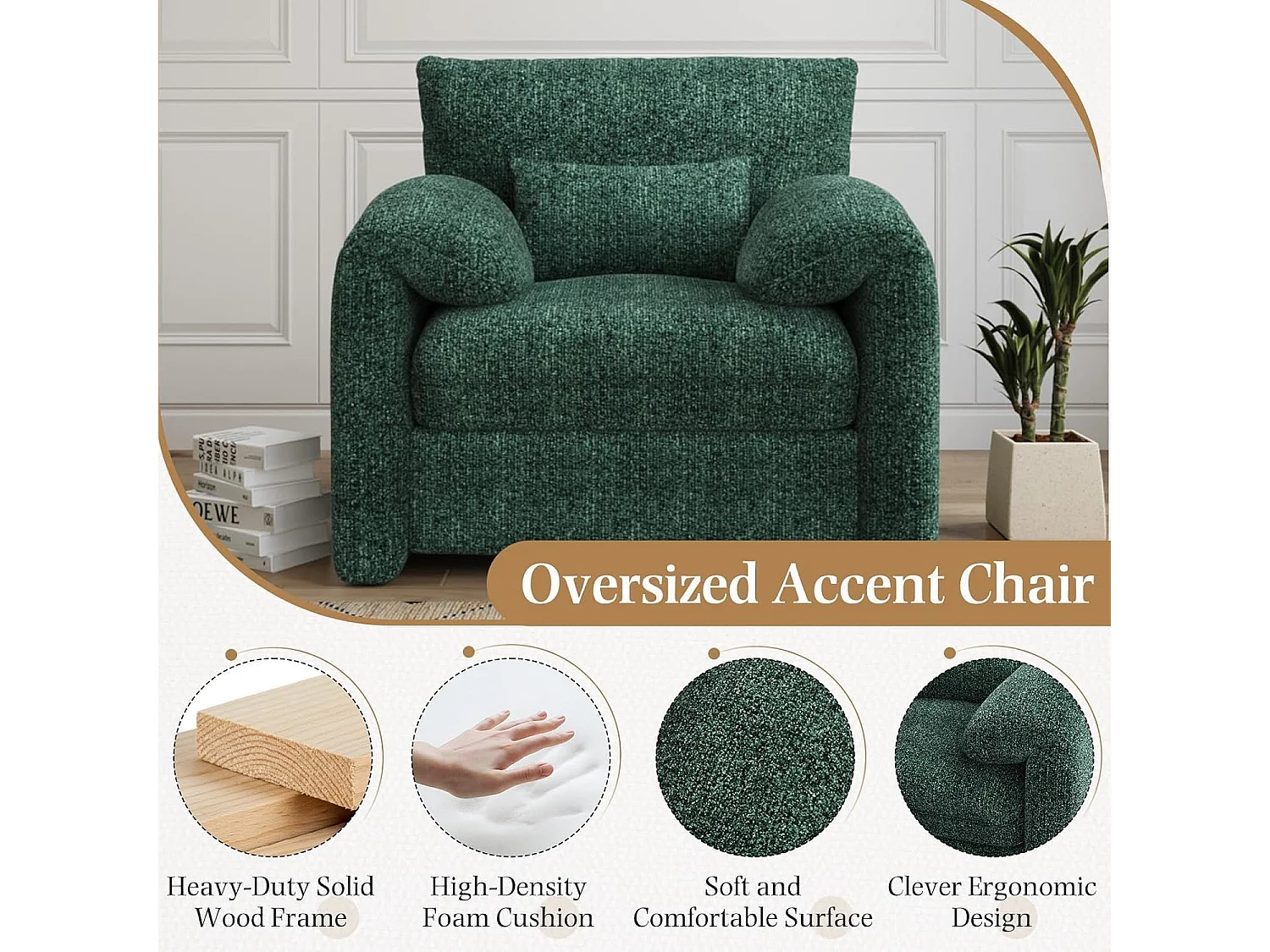 YODOLLA XXL Ohrensessel mit Armlehnen aus Chenille, moderner Relaxsessel für Wohnzimmer & Schlafzimmer, Grün