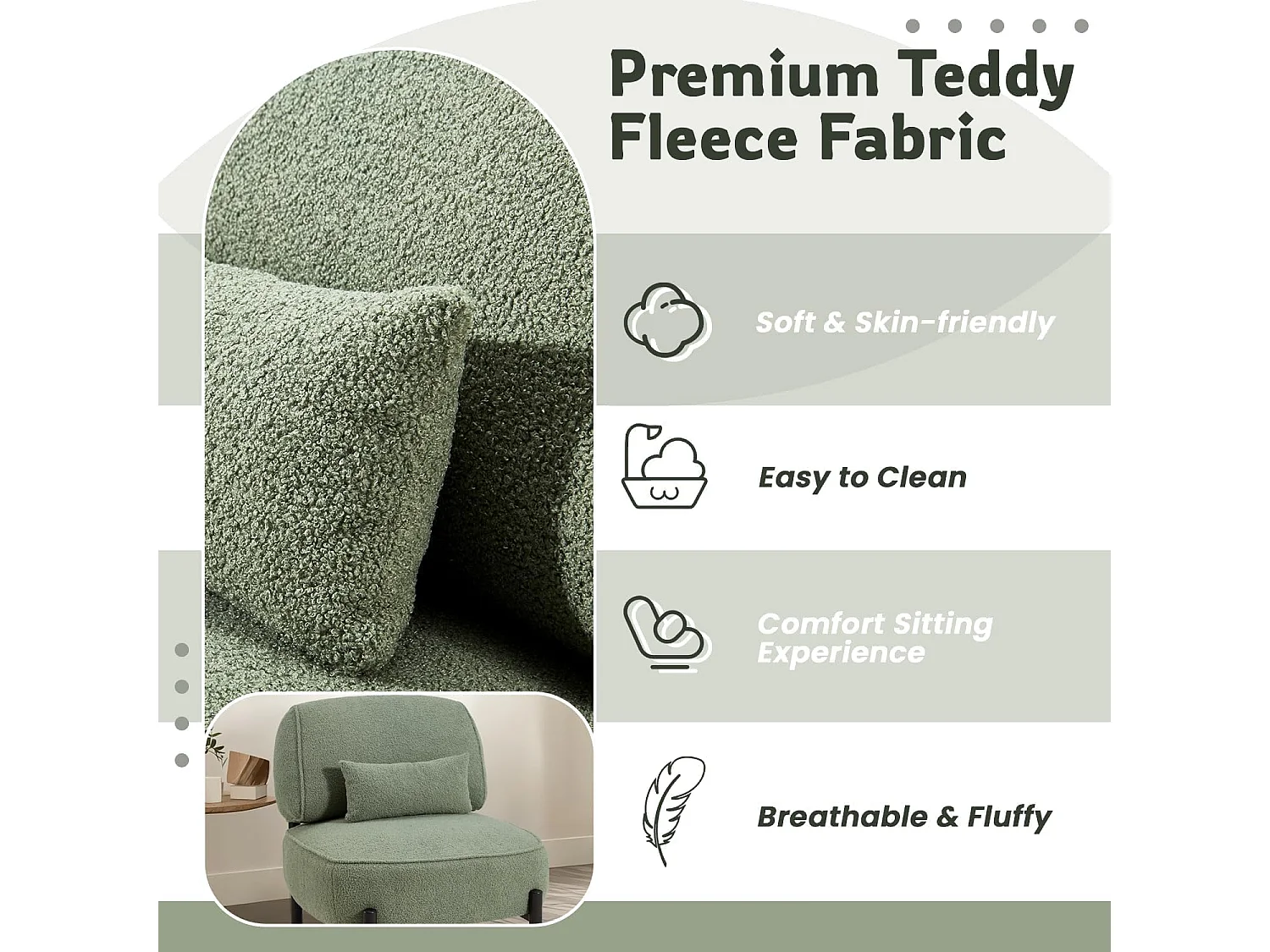 YODOLLA Loungesessel, Extra großer Ruhesessel mit Teddy-Oberfläche, gepolstert mit Kissen, stabiler Metallrahmen, bequem für Wohnzimmer und Schlafzimmer, Grün