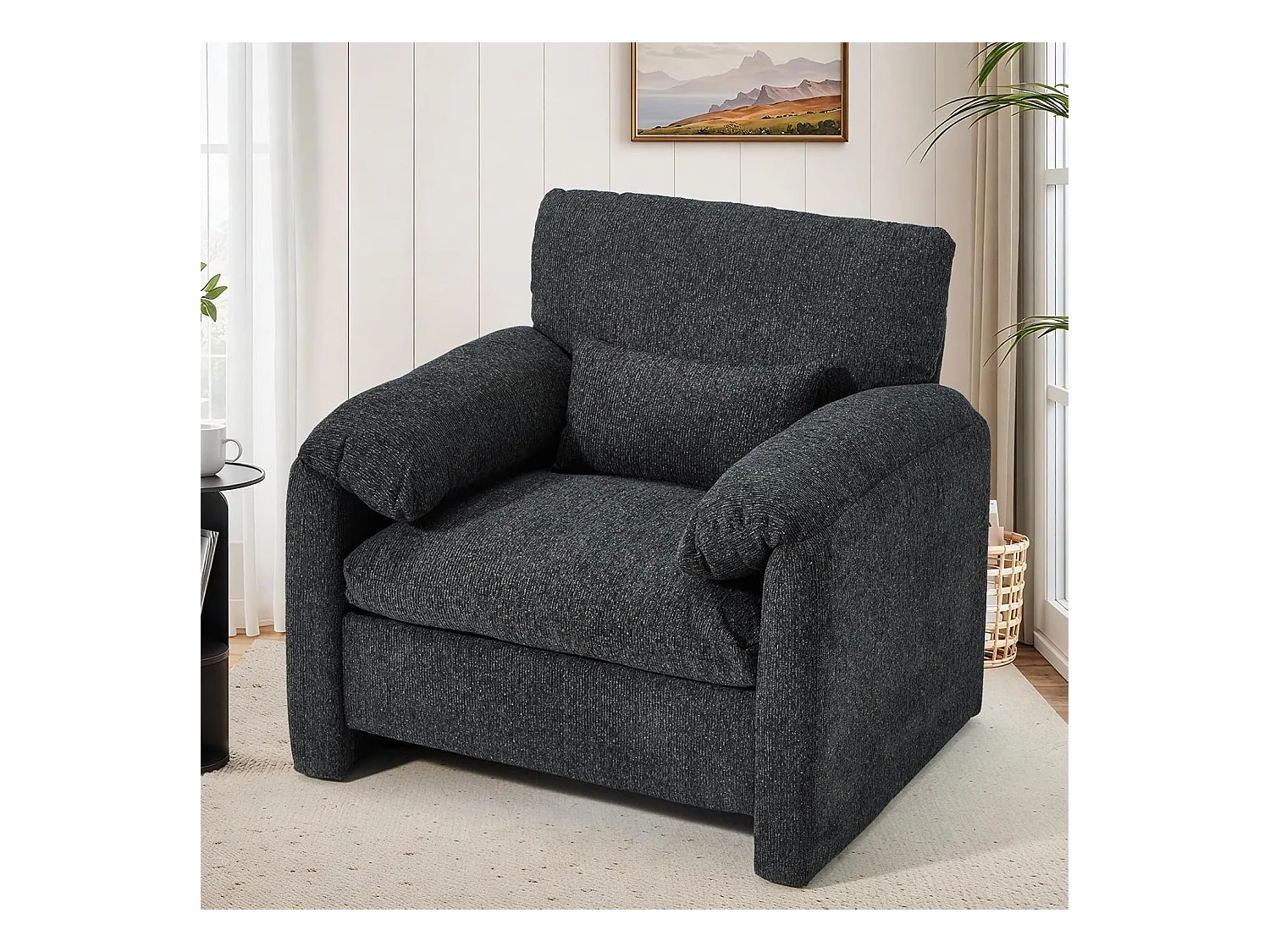 YODOLLA XXL Ohrensessel mit Armlehnen aus Chenille, moderner Relaxsessel für Wohnzimmer & Schlafzimmer, Schwarz