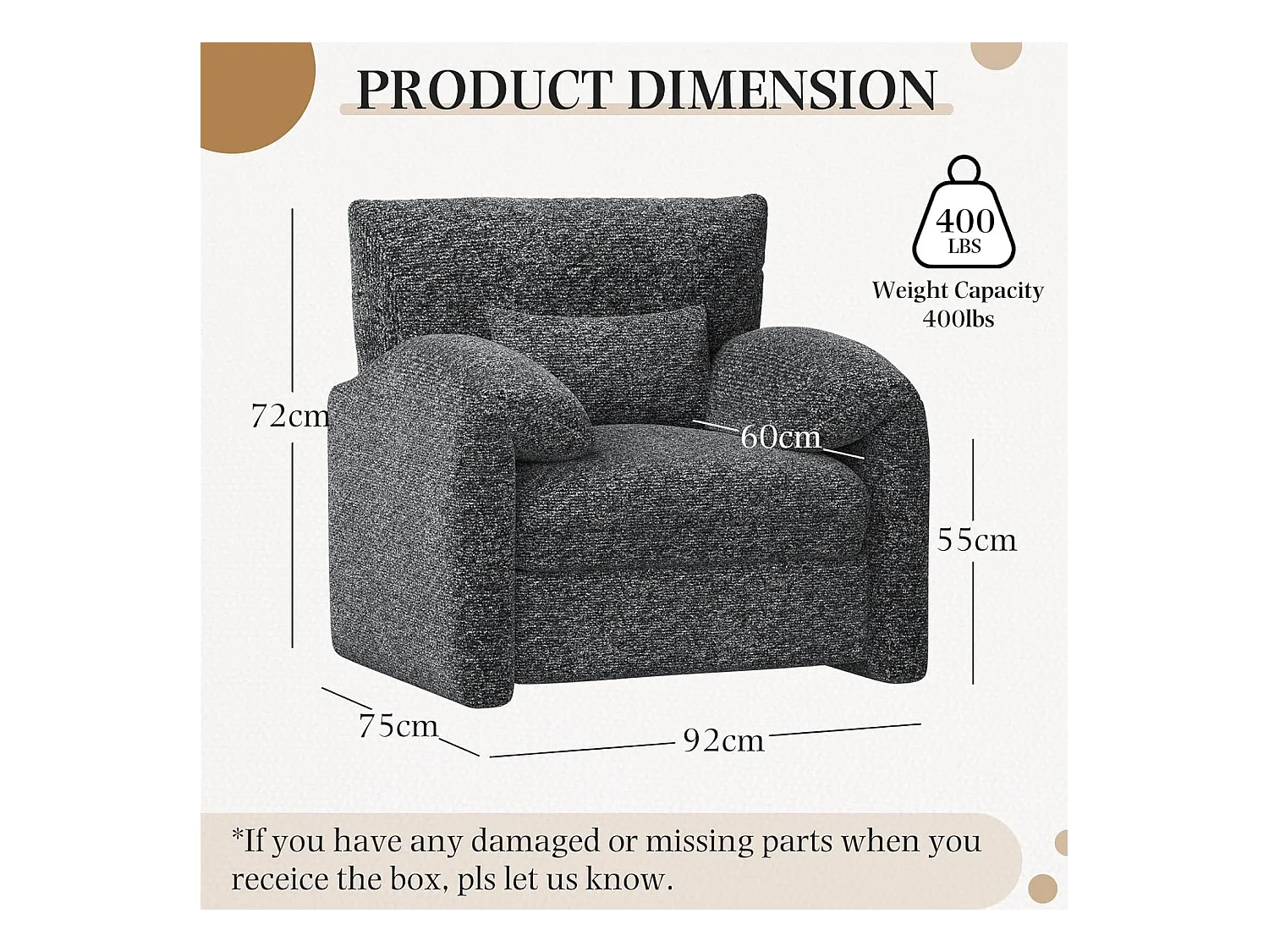 YODOLLA XXL Ohrensessel mit Armlehnen aus Chenille, moderner Relaxsessel für Wohnzimmer & Schlafzimmer, Schwarz