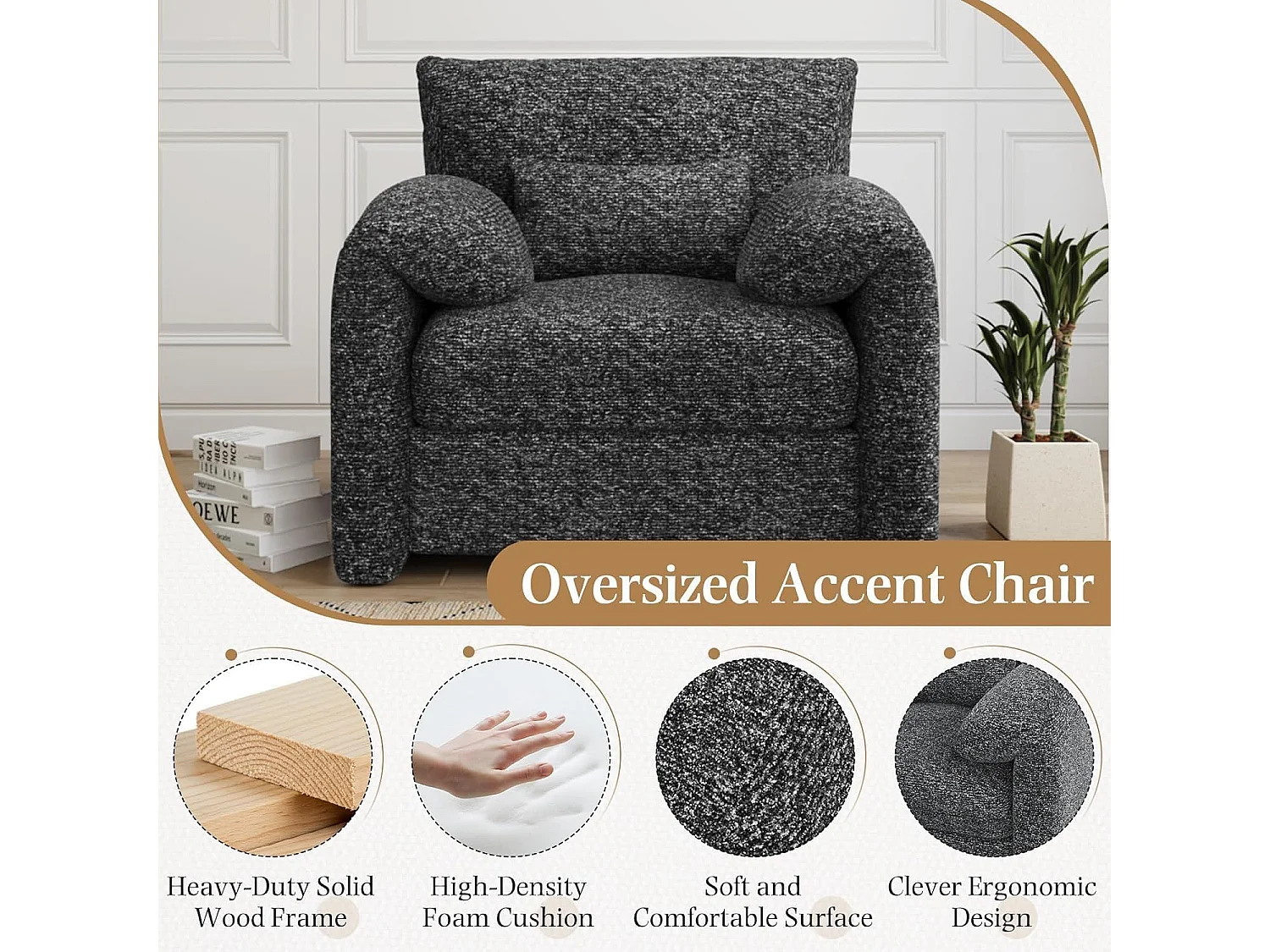 YODOLLA XXL Ohrensessel mit Armlehnen aus Chenille, moderner Relaxsessel für Wohnzimmer & Schlafzimmer, Schwarz