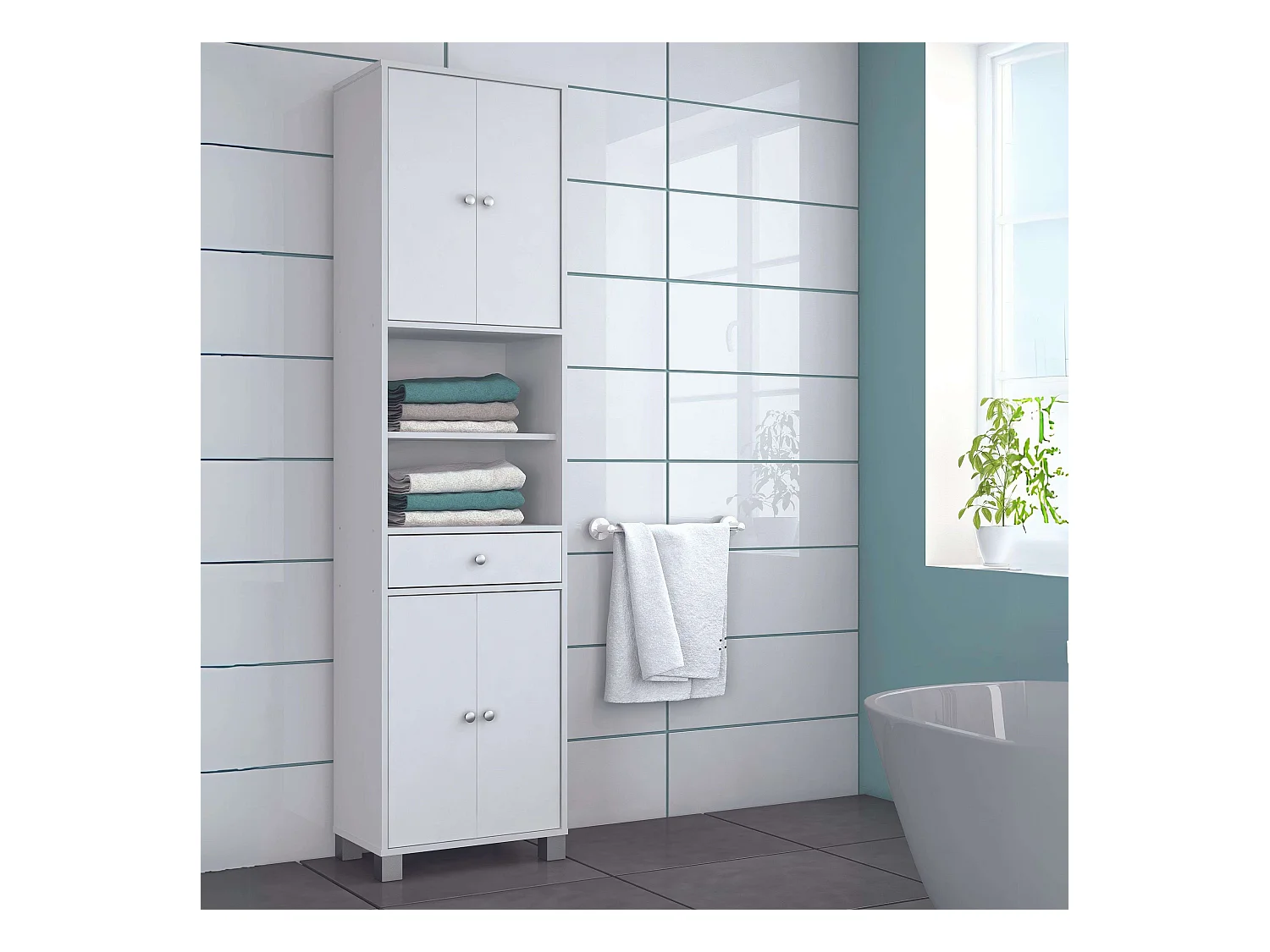 Colonne de salle de bain Bikini blanche avec tiroir pour toilettes, grande capacité, 196 x 51 x 33 cm