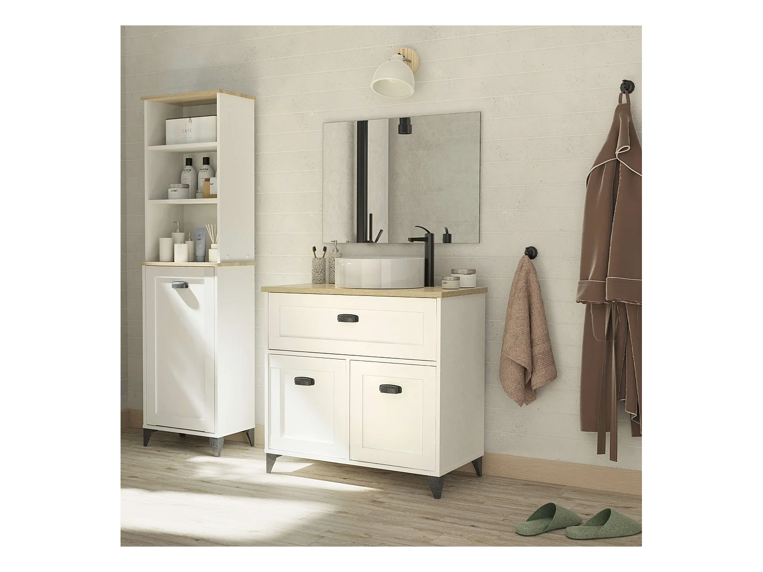 Colonne auxiliaire de salle de bain Toscane en chêne cambrien et blanc 47x168x31 cm