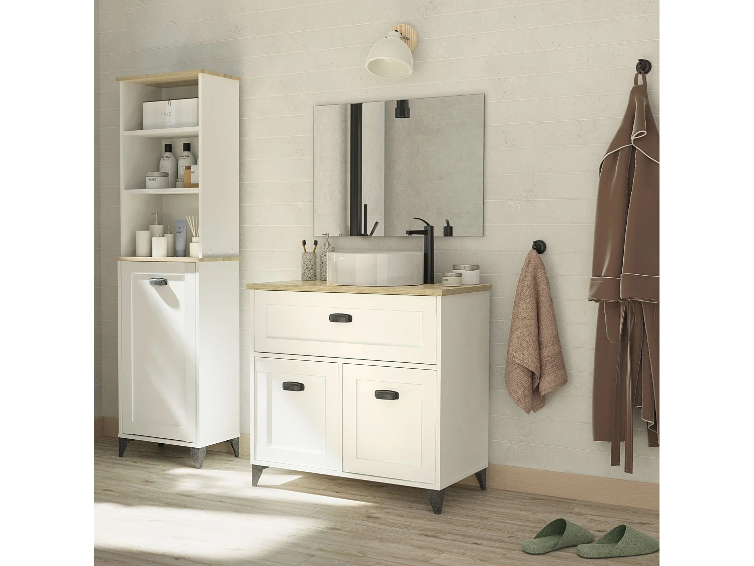 Colonne auxiliaire de salle de bain Toscane en chêne cambrien et blanc 47x168x31 cm